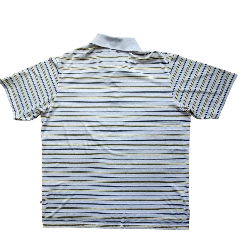 Adidas Golf Mens 2XL Striped Polo Shirt‎ White Blue Yellow Short Sleeve RN 88387